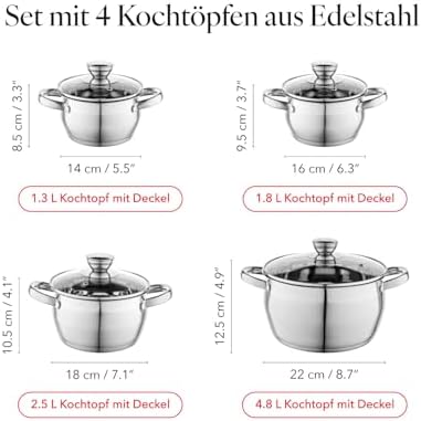 Oliver pannenset, 4-delig, roestvrij staal 18/0, deksels van gehard glas, geschikt voor inductie, gas, elektrisch, keramisch, vaatwasmachinebestendig, hoogwaardige pannenset