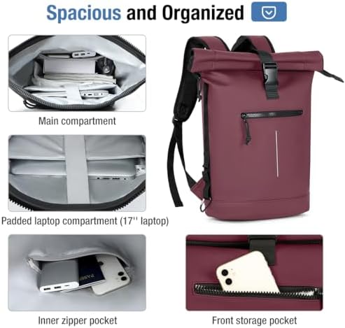 Laptoprugzak, waterdichte roll-top wandelrugzak voor dames en heren, lichtgewicht, L, rugzak