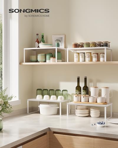 Kruidenrek, set van 2, keukenrek, keukenorganizer, keuken, kruidenhouder, uitbreidbaar, stapelbaar, klein rek, metaal, wit KCS401W01
