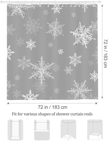Douchegordijn Winter Sneeuwvlokken Kerstmis Grijze douchegordijnen 180 x 180 cm Schimmelbestendige, waterdichte polyesterstof Wasbaar badkamergordijn voor het bad