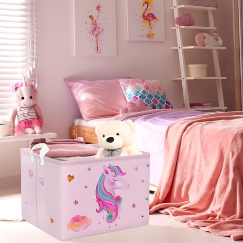 Roze eenhoorn-wasmand voor kinderen met handvat, opvouwbare opbergmand voor kleding en speelgoed, opbergbox voor meisjes, voor babykamer en badkamer, hart, 40 x 30 x 30 cm