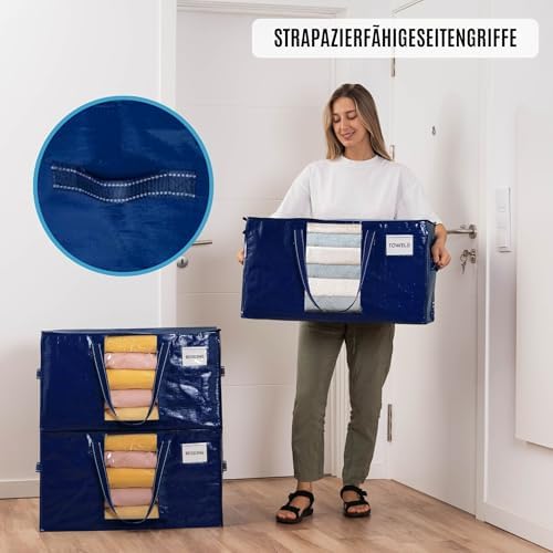 Set van 4 XXL-verhuistassen (87 liter) met venster, opvouwbare opbergtas, stevige handvatten en ritssluiting, alternatief voor verhuisdozen voor kleding, blauw