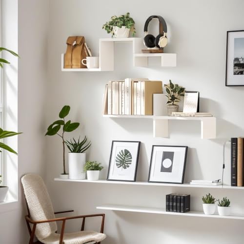 Wandplanken wit 5 stuks, houten wandplanken, zwevende planken met een maximaal draagvermogen van 40 kg, moderne wandplankdecoratie, doe-het-zelf wandmontage hangplanken voor de woonkamer