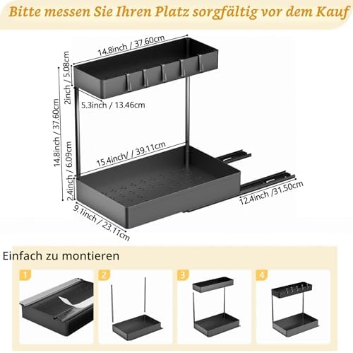 Keukenorganizer Kast Keukenorganizer 2 verdiepingen Onder-spoelbakrek Kastorganizer Keuken met 5 haken Onder-spoelbakorganizer voor spoelbak,