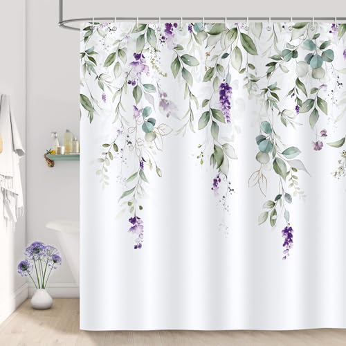 Douchegordijn, groen, eucalyptusbladeren, paarse bloemen, douchegordijnen, 180 x 180 cm, schimmelbestendige, waterdichte polyesterstof, wasbaar badkamergordijn voor