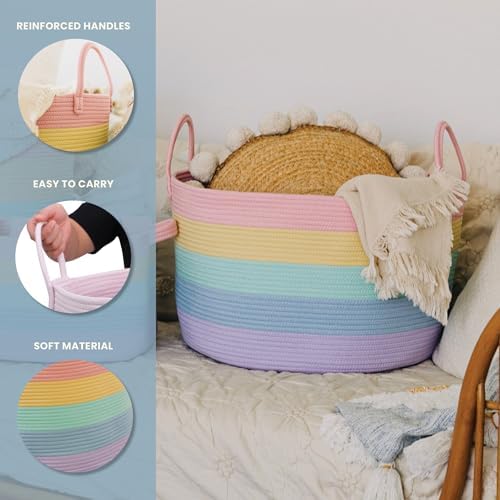 Waskorf voor kinderkamer, speelgoedmand, grote gevlochten mand met handvat, opvouwbaar & stevig, opbergmand voor kinderen voor dekens, speelgoed & kleding,