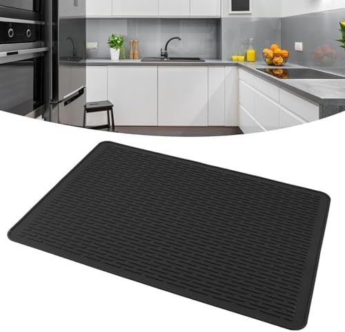 Siliconen afdruipmat, 71 x 50 cm, afdruipmat voor servies, afdruipmat, gootsteenmat voor de keuken om servies en glazen te drogen (zwart)