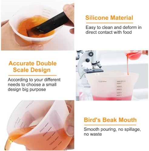 Set van 6 siliconen maatbekers – 500 ml/250 ml/100 ml/10 ml herbruikbare maatbekers met schaalverdeling – Mengbekers van epoxyhars voor doe-het-zelvers, hobbyisten, laboratoria en keukens