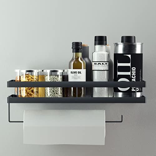 Kruidenrek, keukenrek aan de muur zonder boren, hangend kruidenrek met keukenrolhouder en 4 haken, keukenorganizer-lade, keukengerei-houder, 35 cm, zwart