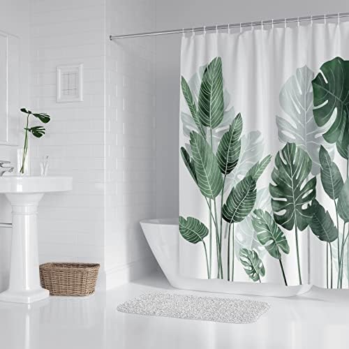 Douchegordijn, 180 x 180 cm, schimmelbestendig, met groene bladeren, planten, waterafstotend, douchegordijn van polyester, wasbaar, met 12 douchegordijnringen