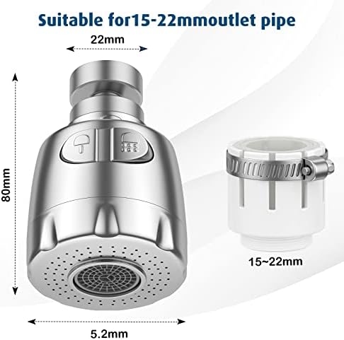 Kraanbeluchter, 360 graden draaibare zwenkkop, waterbesparende zeefbeluchter, kraanopzetstuk, mengmondstuk met dubbele functie, geschikt voor de keuken, 22 mm