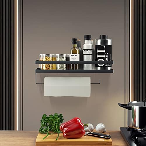 Kruidenrek, keukenrek aan de muur zonder boren, hangend kruidenrek met keukenrolhouder en 4 haken, keukenorganizer-lade, keukengerei-houder, 35 cm, zwart