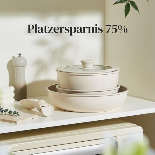 Keramische pannenset met afneembare handgreep, 5-delig, pannen met afneembare handgreep, geschikt voor inductie, ruimtebesparend kookgerei (PTFE-vrij, PFAS-vrij, PFOA-vrij),