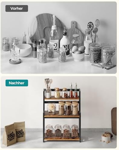 Kruidenrek met 3 niveaus, keukenrek, opbergrek, voor aanrechtblad, bamboe frame, voor keuken, eetkamer, kantoor, vintage bruin-zwart OFS047B0