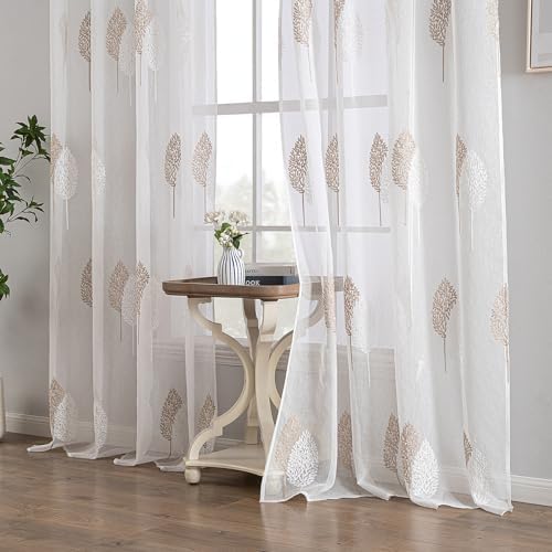 Woonkamer gordijnen, transparant, mooi bladpatroon, modern, geborduurd, oogjes, voor slaapkamerdecoratie, set van 2, raamgordijnen, 225 x 14