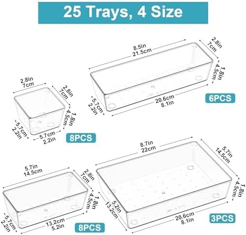 Lade-inzetstuk, lade-organizer, 25-delige make-uptafel-organizer in 4 maten, lade-organizer, make-up-organizer, lade-organizersysteem voor het bureau,