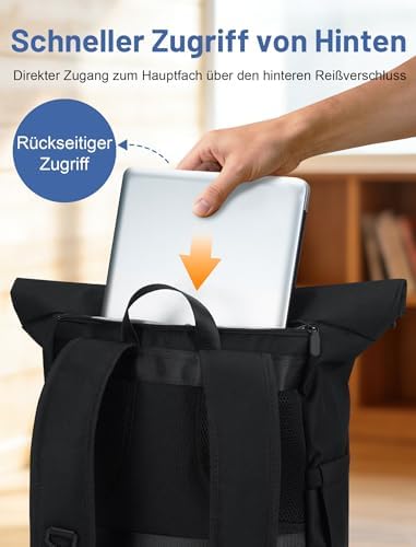 Rugzak voor dames en heren, rolltop-rugzak, waterdichte laptoprugzak, schoolrugzak met 15,6-inch laptopvak, vrijetijdsrugzak, dagrugzak voor de universiteit