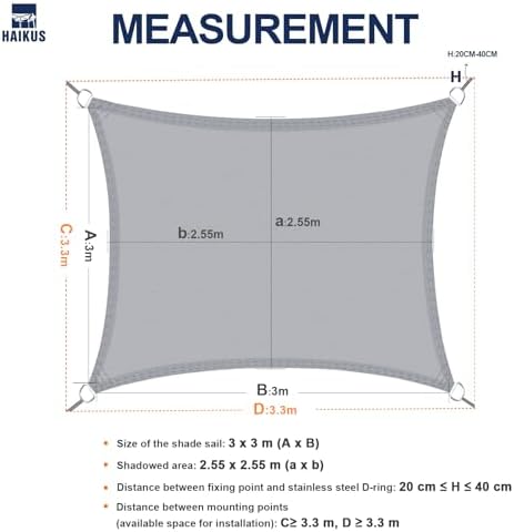Zonnescherm, waterdicht, rechthoekig, vierkant, 3 x 3 m, zonwering, waterafstotend, hoogwaardig PES-polyester met UV-bescherming voor balkon, tuin, terras