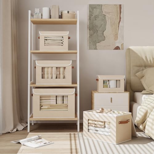 Opbergbox met deksel, stof, kastorganizer, kledingkast, opbergboxen met kijkvenster, opvouwbare box met handvat, 3 stuks, beige, 26 x 20 x 17 cm
