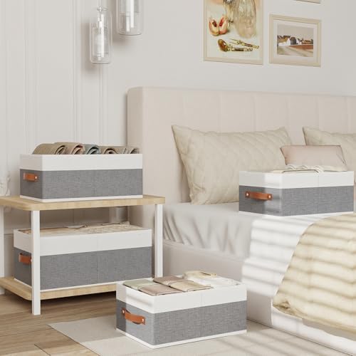 Set van 4 opvouwbare opbergboxen, stoffen boxen met handvatten, kastorganizer, opbergmand voor kleding, 33 x 23 x 14 cm, wit en grijs