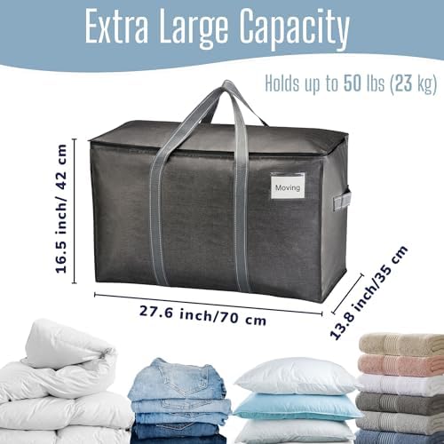 Opbergzak van 102 liter, opbergbox met deksel, stevige handvatten, verhuiszakken met ritssluiting, alternatief voor verhuisdozen, opvouwbare kledingopbergers (grijs, Pac
