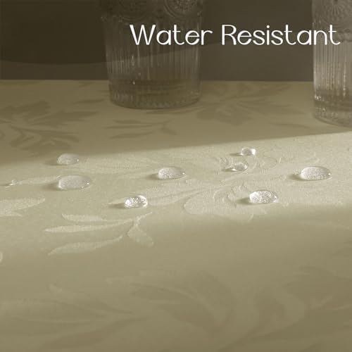 Beige tafelkleed voor buiten, wasbaar, 140 x 240 cm, rechthoekig, bloemen, jacquard-damastpatroon, waterafstotend tafelkleed, tafelkleed voor verjaardagen,