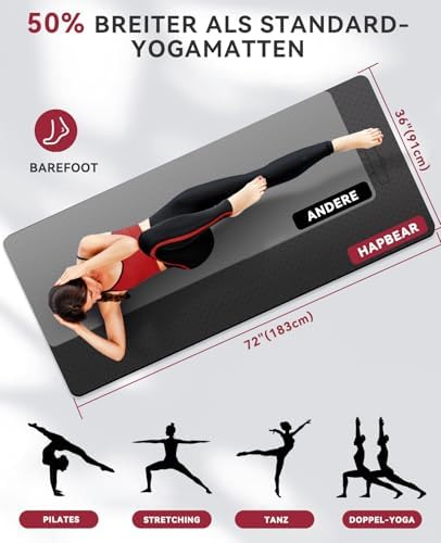 Yogamat XXL – 183 cm x 91 cm x 6 mm dik, extra grote antislip brede yogamat, gymnastiekmat, sportmat, fitnessmat, TPE-mat, trainingsmat, incl.