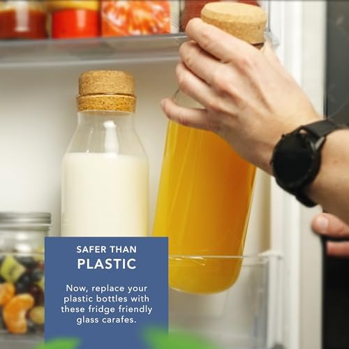 Set van 2 glazen karaffen, 1 liter, heldere glazen fles voor warme en koude dranken, waterkaraffen met kurken deksel, navulbare wasverzachterflessen met S