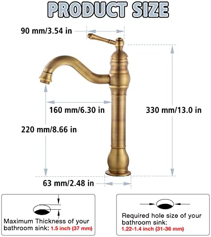 Badkamerkraan, hoog, antiek messing, retro gouden wastafelkraan, hoog, 360° draaibare eengreepsmengkraan, antieke badkamerkraan, wastafel, badkamer