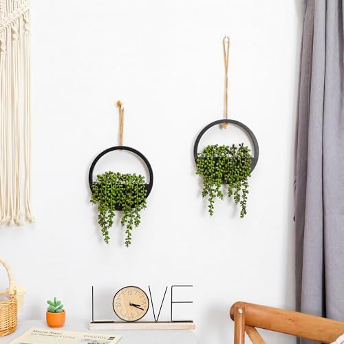 Kunstplanten om op te hangen, 31,8 cm, kunstparelketting in pot met 21,6 cm ophangkoord voor binnen en buiten, wanddecoratie, 2 stuks (zwart)