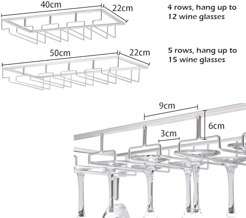 Set van 2 wijnrekjes met 4 rijen, metalen glazenstang, bevestiging onder de kast met schroeven, ophangbaar wijnrek voor thuisbar, keukenbar, café, restaurant