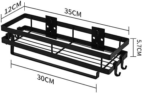 Kruidenrek, keukenrek aan de muur zonder boren, hangend kruidenrek met keukenrolhouder en 4 haken, keukenorganizer-lade, keukengerei-houder, 35 cm, zwart