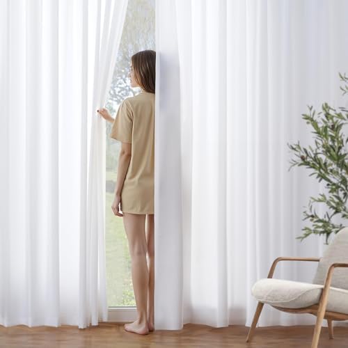 Voile-gordijnen met oogjes, halfdoorzichtig, gordijnen voor winkels, transparant gordijn met oogjes, woonkamer, gordijn met lussen, set van 2, 140 x 260 cm, wit