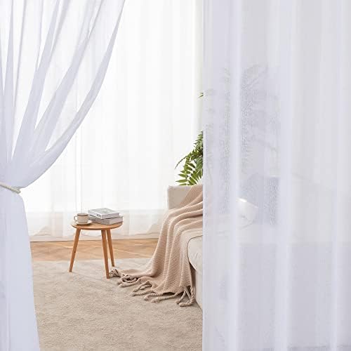 Transparante voile gordijnen met oogjes, set van 2, transparant, luchtig, decoratief, polyester, voor woonkamer, slaapkamer, 140 x 225 cm (B x H), oogjes aan de bovenkant, Wh