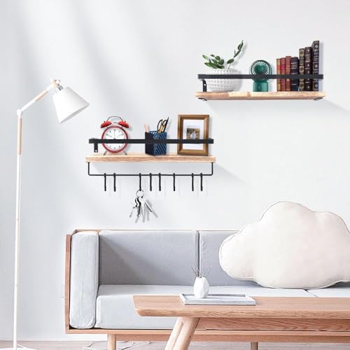 Houten wandplank, zwevende plank in rustieke stijl met handdoekhouder, set van 2, lichtbruin, voor slaapkamer, woonkamer, badkamer, keuken, kantoor