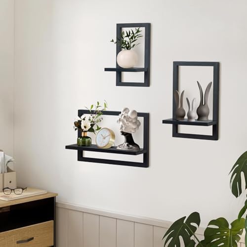 Set van 3 wandplanken, zwevende planken voor wanddecoratie, hangplanken voor opbergruimte aan de muur, vierkante boekenplank voor aan de muur, houten wandplank, hangplank
