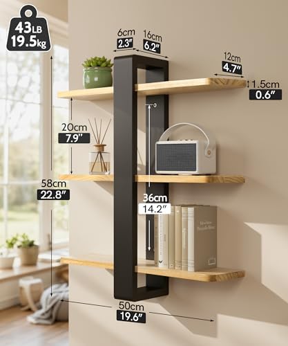 Houten wandplank, zwevende planken, hangplank, groter, praktische decoratieve planken met drie niveaus van massief hout voor de woonkamer en slaapkamer, afneembaar