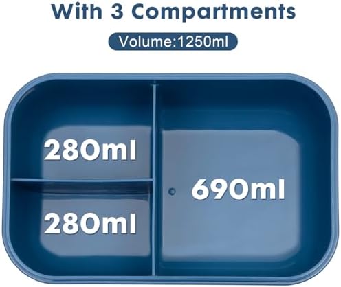 Lunchbox met vakken, lunchbox van 1250 ml, bentobox, lunchbox voor volwassenen met bestek, lunchbox, broodtrommel, lekvrije voedselbox, lunchbox, ontbijtbox