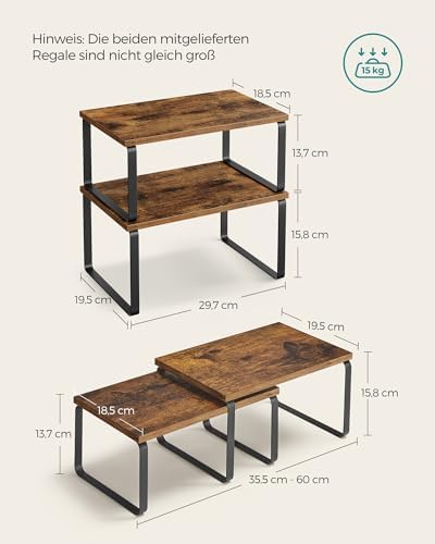 Kruidenrek, set van 4, keukenrek, keukenorganizer, uitschuifbaar, kruidenhouder, stapelbaar, met metalen frame, 19,5 x 29,7 x 15,8 cm, inktzwart vintage