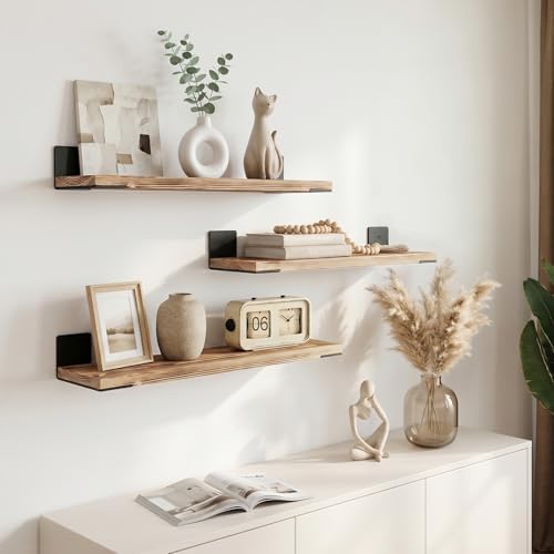 Wandplank 60 cm, set van 2, massief houten hangplanken met stalen beugels, draagvermogen 15 kg, decoratieve plank voor woonkamer/slaapkamer/kantoor – gerookt eiken & zwart