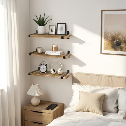 Houten wandplanken, set van 3, kleine wandplanken, zwart metaal, verwijderbare planken, geen boorgaten nodig, massief hout, industrieel, vintage, keuken, woonkamer