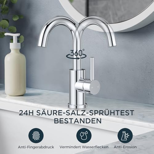 Badkamerkraan, hoog, 360° draaibaar, roestvrijstalen wastafelkraan, hoog, met warm-/koudwatermengkraan, eenvoudige montage voor badkamer-/keukengootsteen, kleine motorh