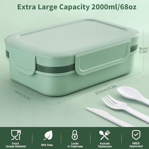 Lunchbox voor volwassenen, 2000 ml lunchbox met vakken, bento-boxen, lunchbox met bestek, lunchbox, lekvrije voedselbox, lunchbox Di