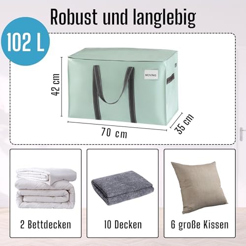 Opbergzak van 102 liter, opbergbox met deksel, stevige verhuiszakken met handvatten en ritssluiting, alternatief voor verhuisdozen, opvouwbare kledingopbergers (lichtgroen