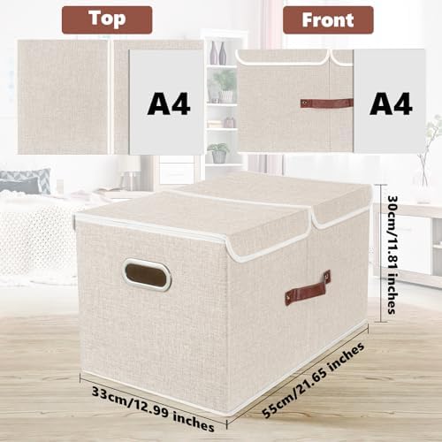 Extra grote opbergbox met deksel en vakken, stof, opvouwbaar, wasbaar, opbergbox met deksel, 55 x 33 x 30 cm, set van 3, beige