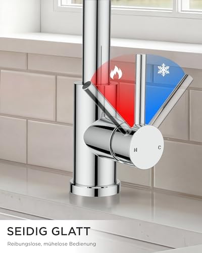 Keukenkraan, mengkraan, roestvrij staal, 360° draaibaar, eengreeps warmwater- en keukenkraan, roestvrij staal, uitloophoogte 238 mm, gepolijst chroom, hoog