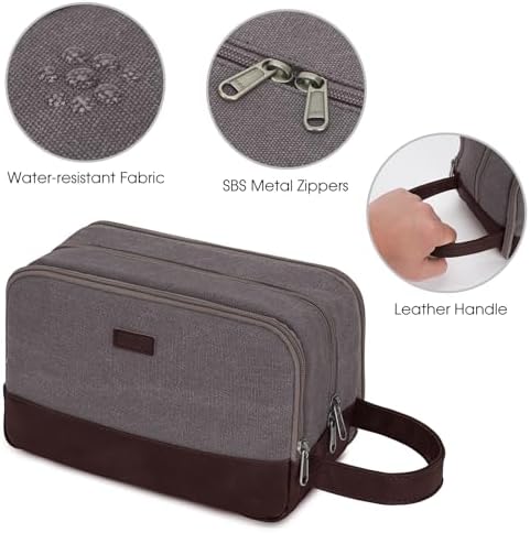 Toilettas voor heren, reistoilettas, dubbele set van canvas, waterafstotende veganistische leren tas voor scheerbenodigdheden en toiletartikelen, taupe