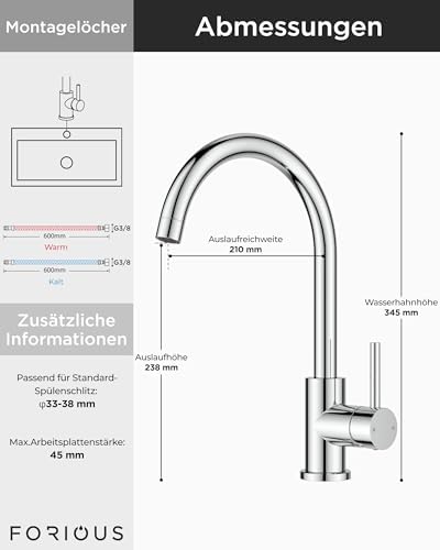 Keukenkraan, mengkraan, roestvrij staal, 360° draaibaar, eengreeps warmwater- en keukenkraan, roestvrij staal, uitloophoogte 238 mm, gepolijst chroom, hoog