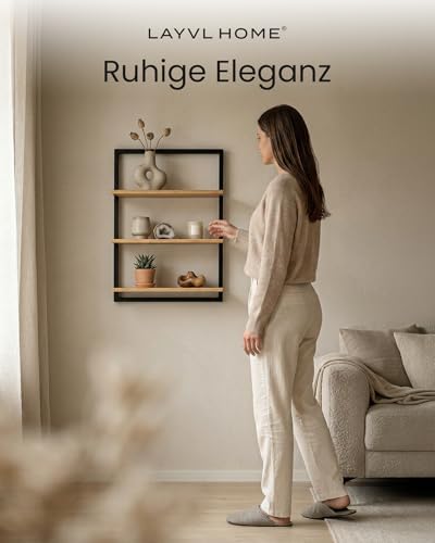 Wandplank van bamboe met zwart metalen frame, 75x50x15cm, hangende plank met modern design, wandplank van metaal en hout, wandmeubel voor de woonkamer