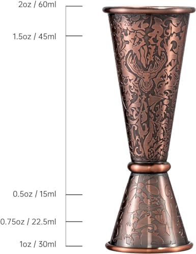 Cocktail-jigger - 3D-gepreegde dubbele drankmaat | Japanse barmaatbeker met schaalverdeling 1 oz/2 oz | Cocktailmaatbeker van antiek koper | Met de hand afwassen